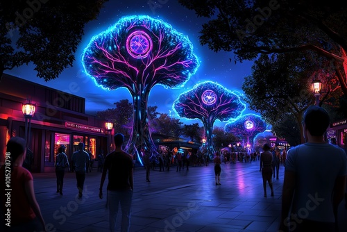 Visionary fantasy world where technology and nature coexist, with magical trees powering cities and glowing creatures interacting with futuristic architecture #1015278798