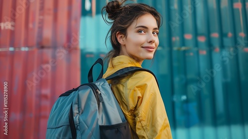 A young beautiful girl in a yellow raincoat with a backpack on the background of the city