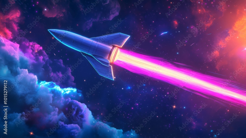Obraz premium A spaceship with a glowing blue hull is shown blasting off into the night sky. It leaves a long trail of light, pink at the center fading to orange at the edges, behind it