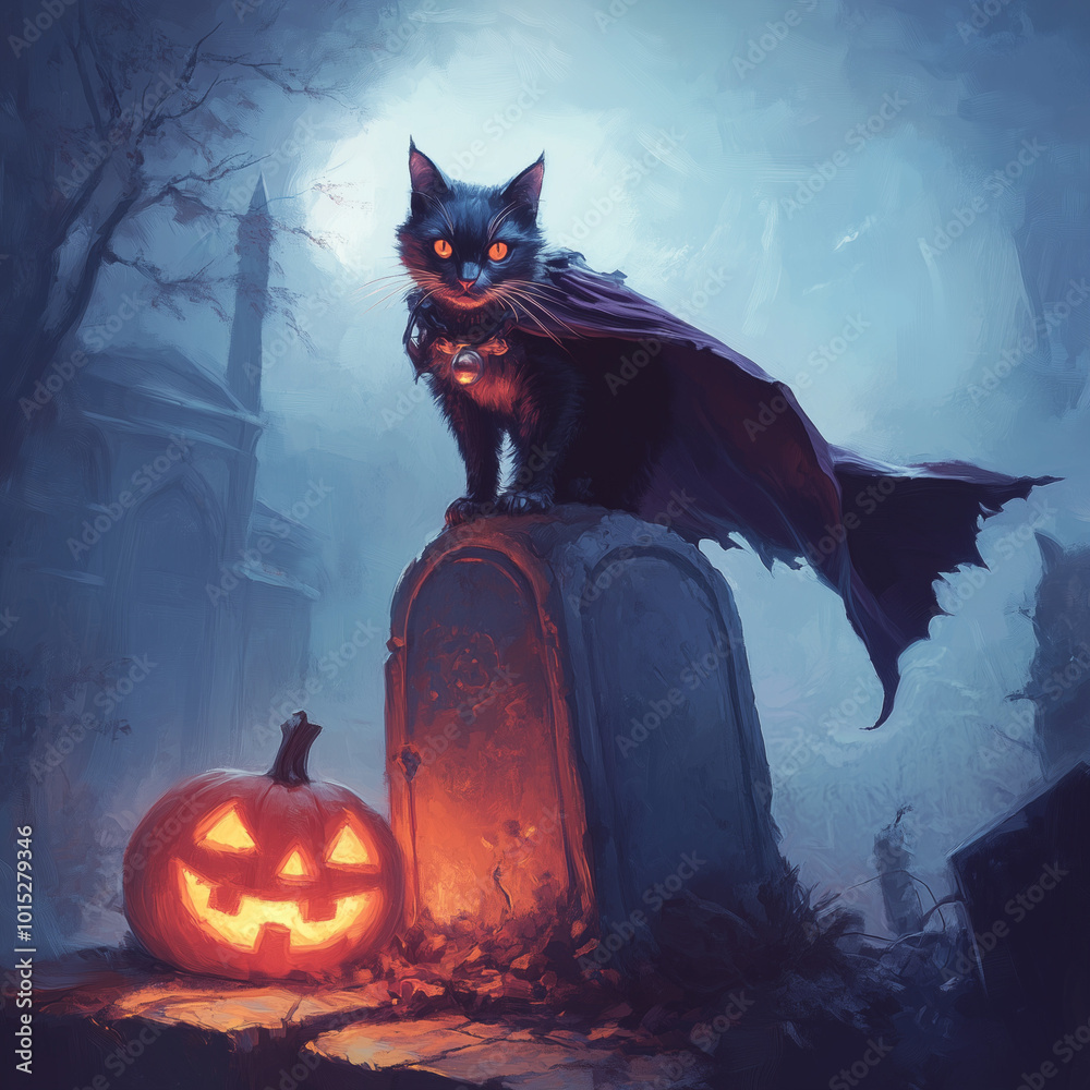A vampire cat wearing a cape, standing proudly atop a tombstone, with a glowing jack-o'-lantern nearby. A vampire cat wearing a cape, standing proudly atop a tombstone, with a glowing jack-o'-lantern nearby.