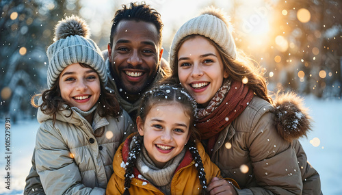 Obraz na płótnie Portrait of happy young family on winter vacation, snow falling background, cold weather, Christmas time w salonie