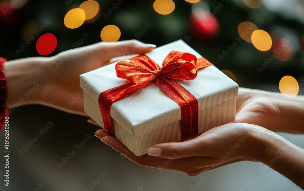 Close-up of hands exchanging a beautifully wrapped gift box with a red ribbon, symbolizing holiday giving, connection, and festive celebration in a cozy, warm setting surrounded by twinkling lights. Close-up of hands exchanging a beautifully wrapped gift box with a red ribbon, symbolizing holiday giving, connection, and festive celebration in a cozy, warm setting surrounded by twinkling lights.