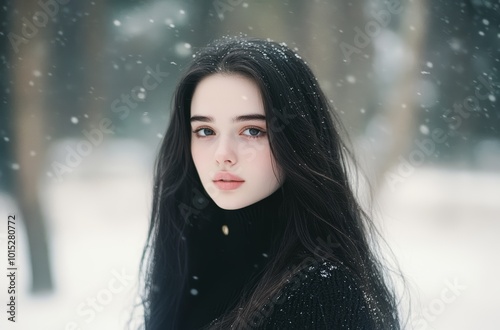 A young woman with long black hair stands still as snow gently falls around her in a peaceful winter setting