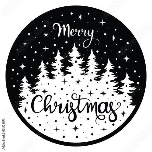 Merry Christmas, Snow Forest, Hand Drawn Vector Illustration