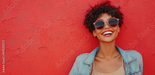 Cheerful young woman in sunglasses and denim jacket laughing against a vibrant red wall