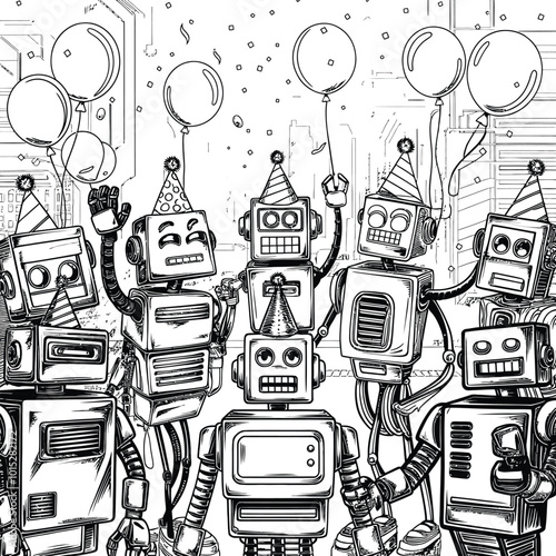a drawing of robots with balloons in the background coloring pages art