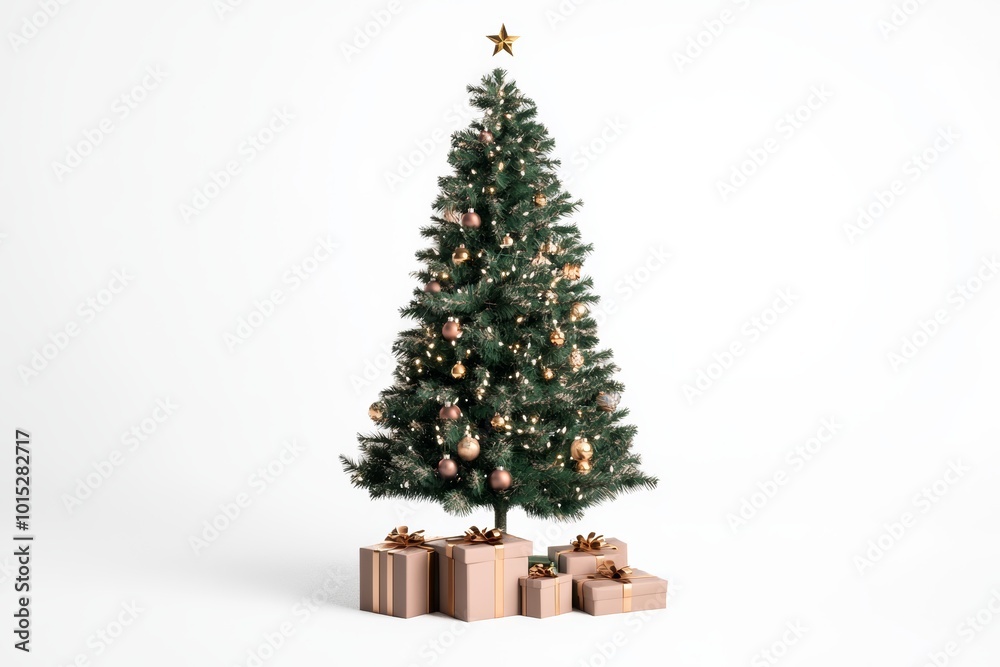 A beautifully adorned Christmas tree stands tall with ornaments, topped with a star, surrounded by neatly wrapped presents A beautifully adorned Christmas tree stands tall with ornaments, topped with a star, surrounded by neatly wrapped presents