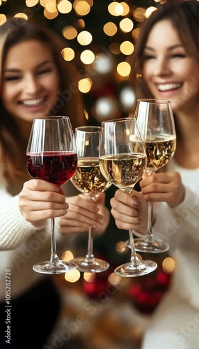 Two Happy Women Celebrating with Glasses of Wine Against Festive Christmas Lights Background