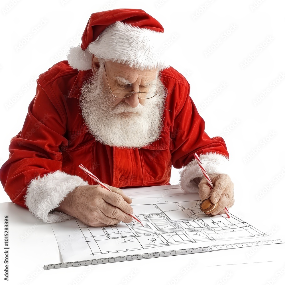 Naklejka premium Santas Workshop Jolly Architect Designing Festive Gingerbread House with Blueprints and Candy Cane