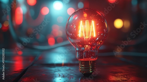 A glowing light bulb with a creative background. The scene symbolizes innovation and bright ideas.