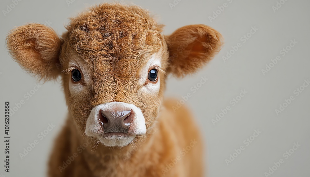 Adorable brown calf standing against a white background, soft lighting to highlight its fluffy coat Adorable brown calf standing against a white background, soft lighting to highlight its fluffy coat
