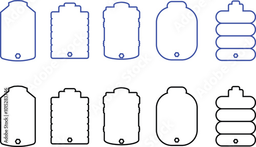Blue and black water tank icons set line vector collection isolated on transparent background. water gallon element graphic design. Plastic material large bag for water saving, house storage