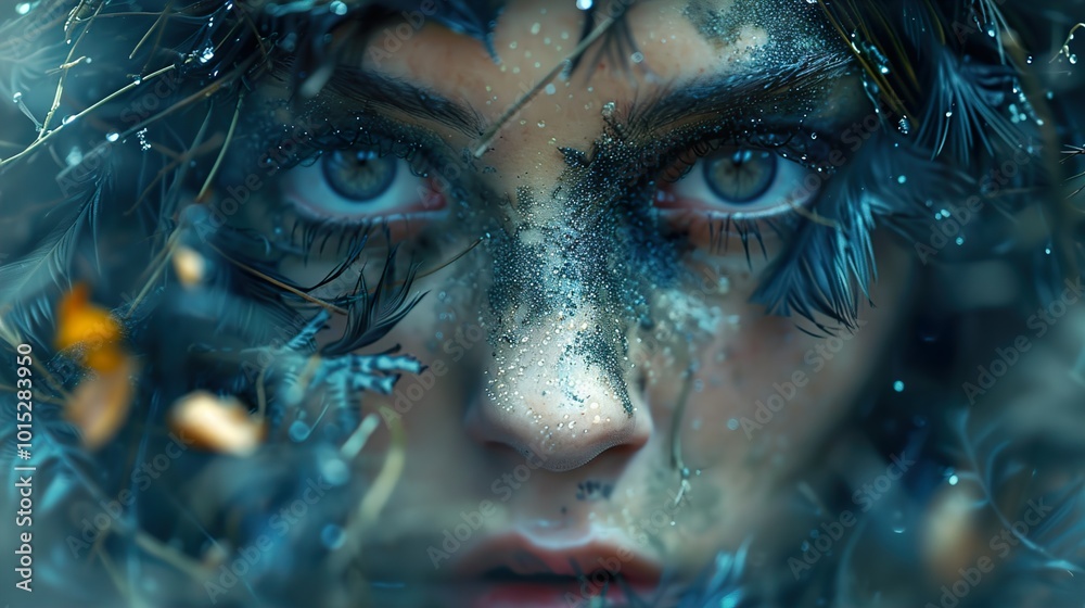 Close Up Portrait of Woman with Feathers and Blue Eyes Close Up Portrait of Woman with Feathers and Blue Eyes