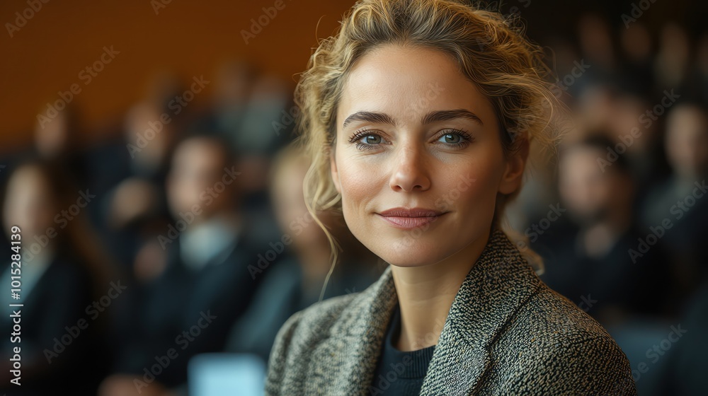 Female speaker addressing an attentive audience during a business event Female speaker addressing an attentive audience during a business event