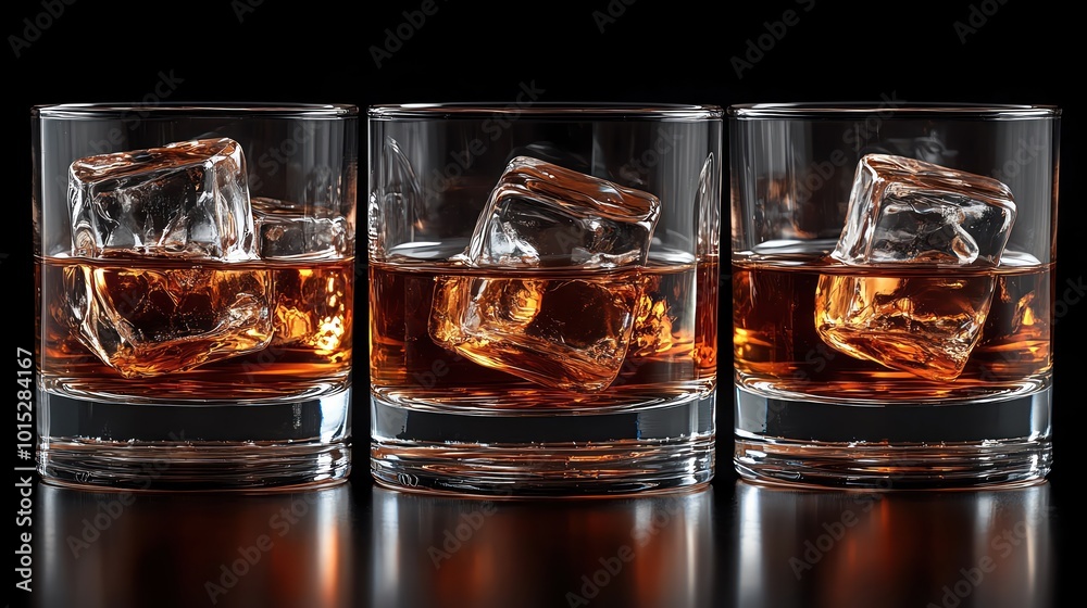 Four whiskey glasses with ice cubes, dark reflective surface, minimalist black background Four whiskey glasses with ice cubes, dark reflective surface, minimalist black background