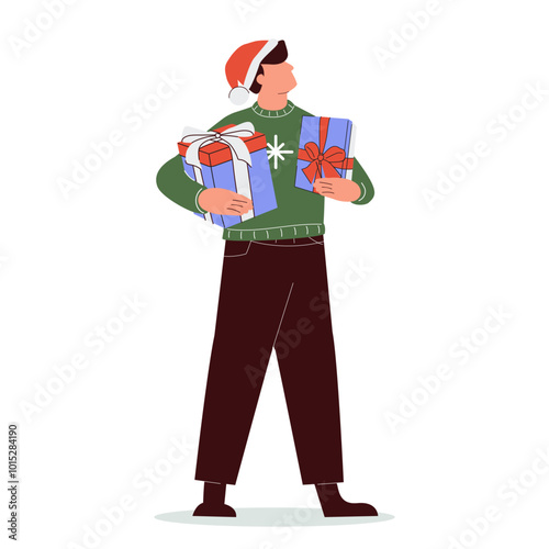 Person holding Christmas gifts stack in wrappings. Happy man with many, lot of present boxes, preparing Xmas, New Year
