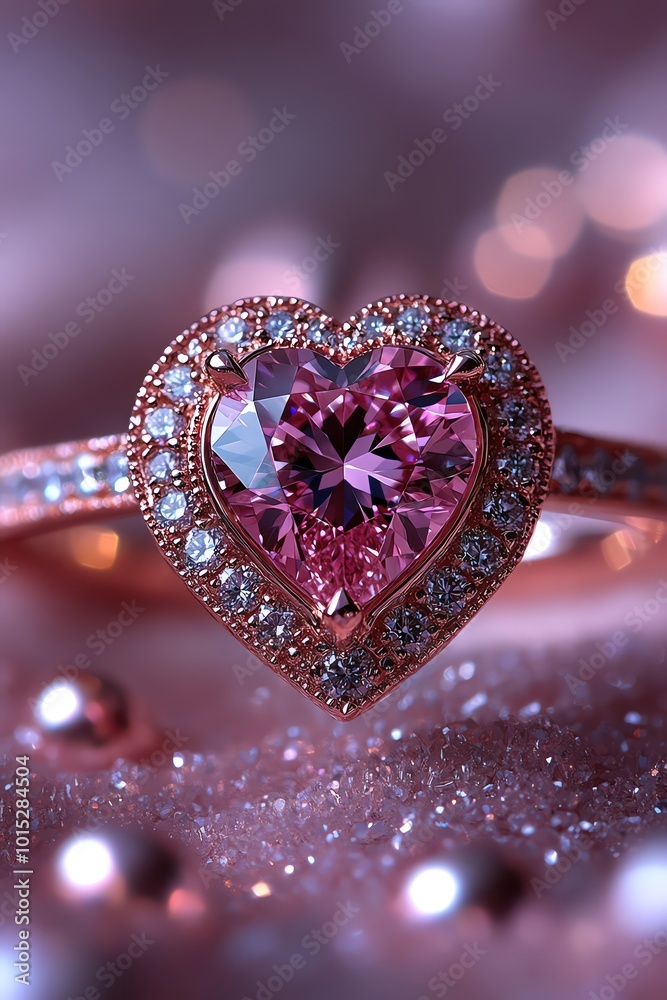 Heartshaped pink diamond ring set in a glittering band, sparkling against a soft, glowing background Heartshaped pink diamond ring set in a glittering band, sparkling against a soft, glowing background