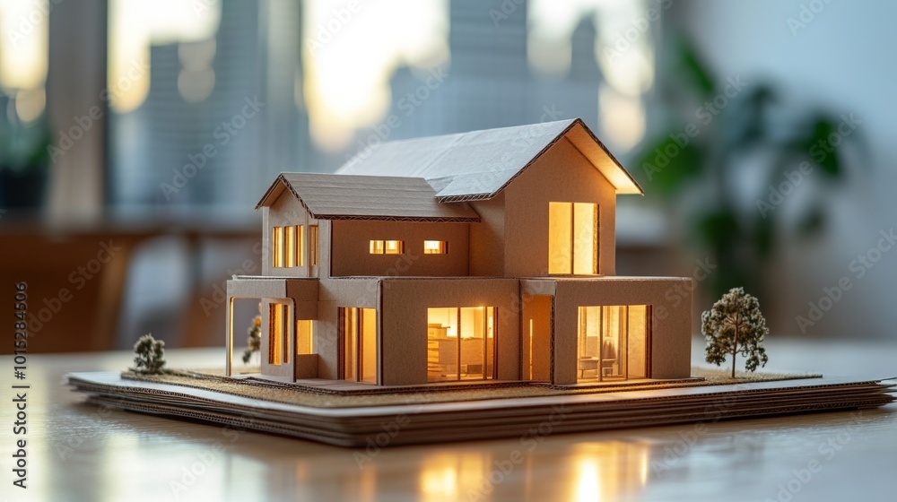 modern cardboard model house with city background made of cardboard modern cardboard model house with city background made of cardboard