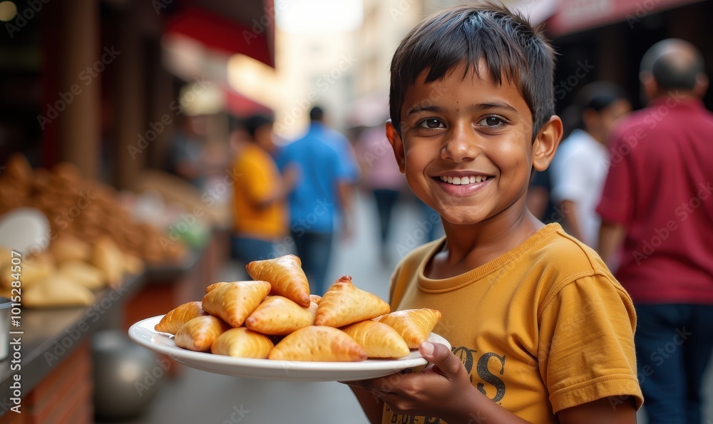 Cheerful Indian boy with sparkling eyes joyfully holding a plate of crunchy samosas at a bustling street market Cheerful Indian boy with sparkling eyes joyfully holding a plate of crunchy samosas at a bustling street market