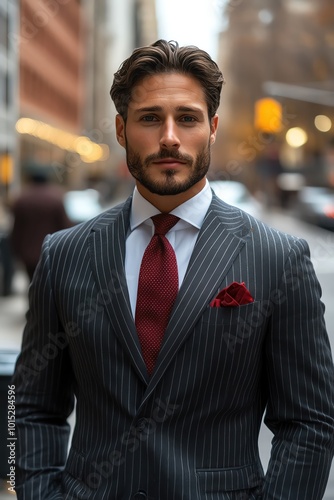 Man in a sharp pinstripe suit with a red tie and pocket square, standing outdoors in the city