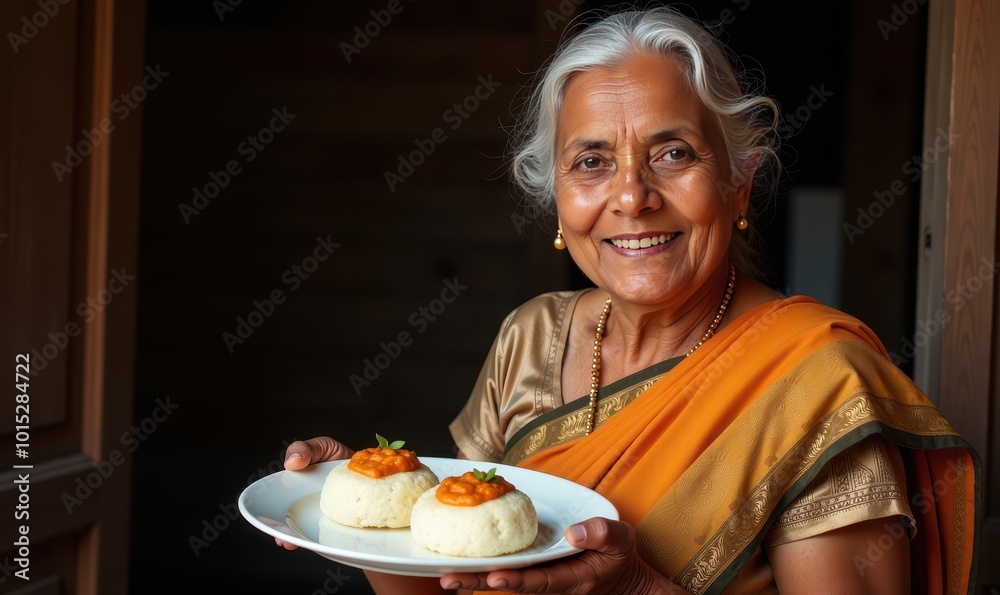 Elderly Indian woman beaming with a warm smile proudly holding a plate of fluffy steamed idlis garnished with chutney Elderly Indian woman beaming with a warm smile proudly holding a plate of fluffy steamed idlis garnished with chutney