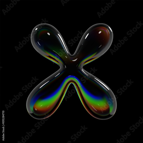 3d holographic glass letter X with glossy, shiny surface in inflated balloon bubble style. Isolated alphabet render character with a rainbow effect, ideal for Y2K typography and modern font projects