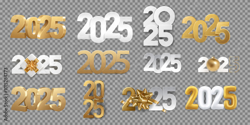 Set of 2025 year logo design, isolated on transparent background. Gold and paper numbers, happy new year 2025 logo design.