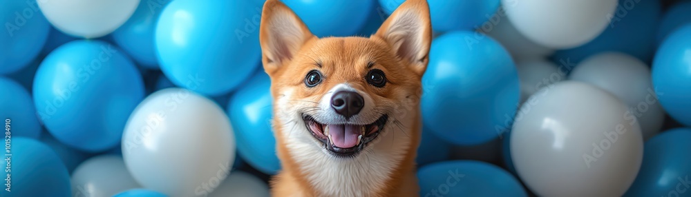 Shiba Inu sitting among blue and white balloons, joyful and festive atmosphere Shiba Inu sitting among blue and white balloons, joyful and festive atmosphere