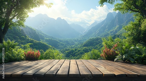 Wooden podium overlooking mountains and lush forest, bright sunlight, serene nature scene photo