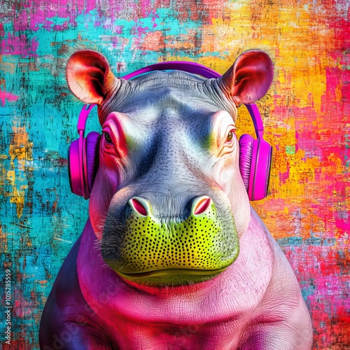 Hip Hop Hippo: A vibrant, colorful portrait of a cool and trendy hippopotamus wearing pink headphones, against a colorful abstract background. This playful illustration is perfect for music lovers.