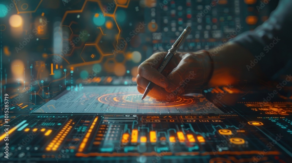 A person using a pen to write on a financial document with holographic data projections overlaying the scene in an office. A person using a pen to write on a financial document with holographic data projections overlaying the scene in an office.