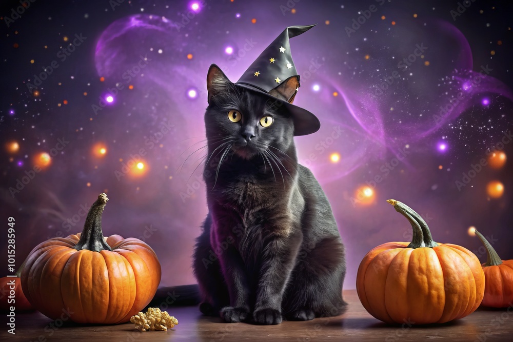 This surreal photography captures a black cat wearing a witch hat, set against an enchanting purple background, embodying the spirit of Halloween in