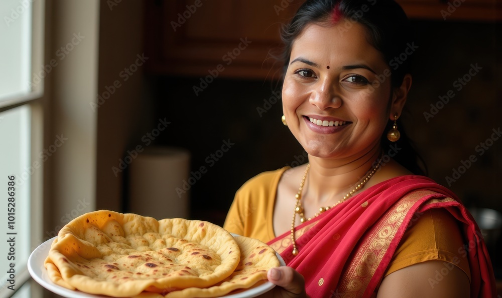Portrait of an Indian woman with a radiant smile presenting a plate of freshly made golden-brown roti or parathas Portrait of an Indian woman with a radiant smile presenting a plate of freshly made golden-brown roti or parathas