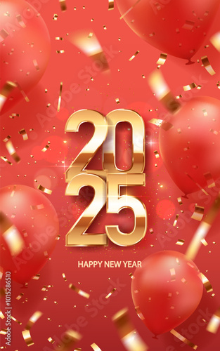 Happy new year 2025 background. Golden shiny numbers on a red background with golden confetti and balloons. Holiday greeting card design.