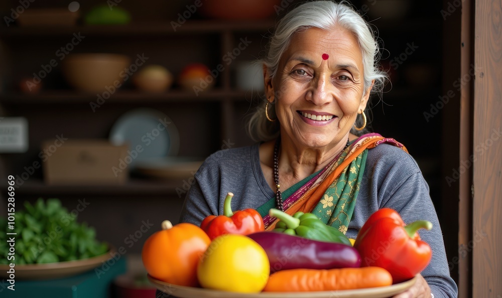 Elderly Indian woman with a gentle smile showcasing a plate filled with seasonal vegetables fresh from the market Elderly Indian woman with a gentle smile showcasing a plate filled with seasonal vegetables fresh from the market