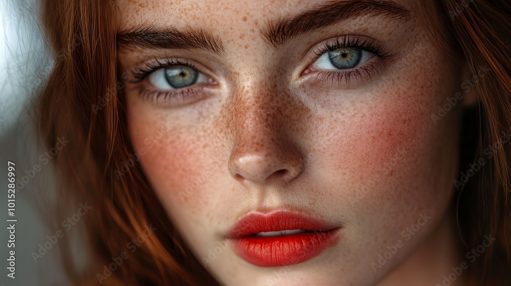 Close-up portrait of a young woman with red hair and freckles, looking at the camera. Close-up portrait of a young woman with red hair and freckles, looking at the camera.