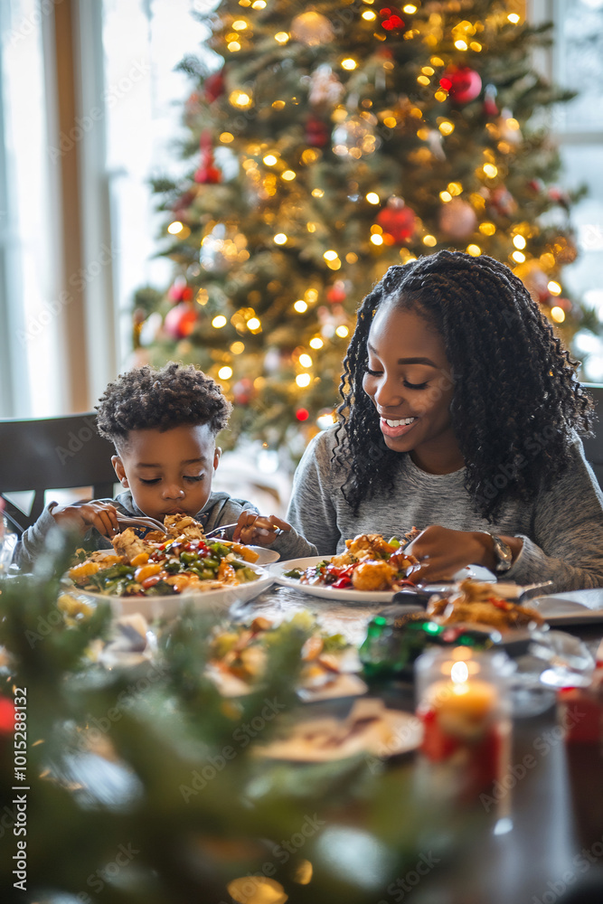 A joyful Christmas dinner with a mother and son enjoying a festive meal at home surrounded by holiday decorations A joyful Christmas dinner with a mother and son enjoying a festive meal at home surrounded by holiday decorations