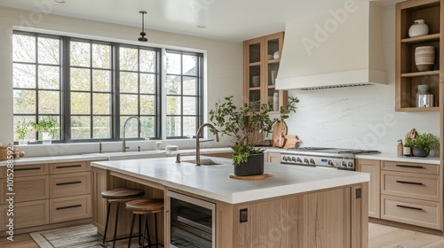 studio mcgee style interior photograph of a contemproray, transitional kitchen with low 8ft ceiling with small window