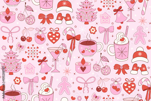 Pink girly coquette christmas pattern. Merry christmas and happy new year Lovely cute textile print. Vector illustration
