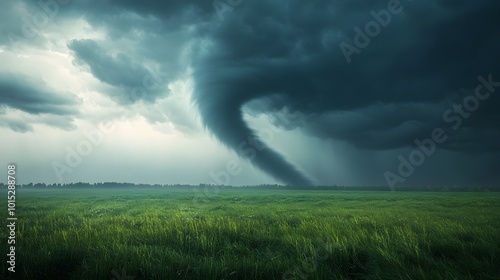 Dramatic Tornado Formation Over Green Landscape