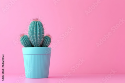 A green cactus is placed in a turquoise pot, creating a lively contrast against a vibrant pink background in a contemporary space