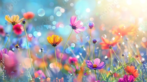Beautiful meadow flowers with bokeh effect. Nature background