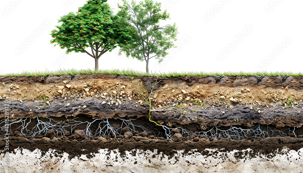 Cross-section of soil layers with a tree on top, illustrating soil structure and root system Cross-section of soil layers with a tree on top, illustrating soil structure and root system