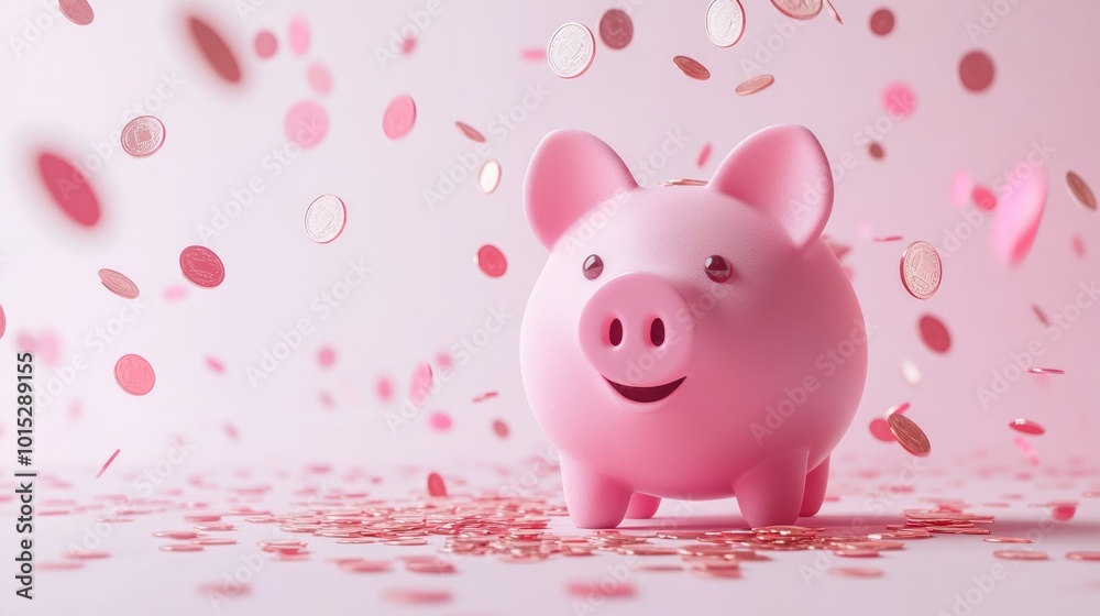 Pink piggy bank with a smile surrounded by falling pink and silver coins on a pink background. Pink piggy bank with a smile surrounded by falling pink and silver coins on a pink background.