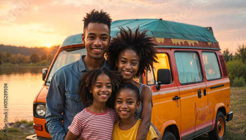 Portrait of happy young family on camping vacation, camper van in background, road trip