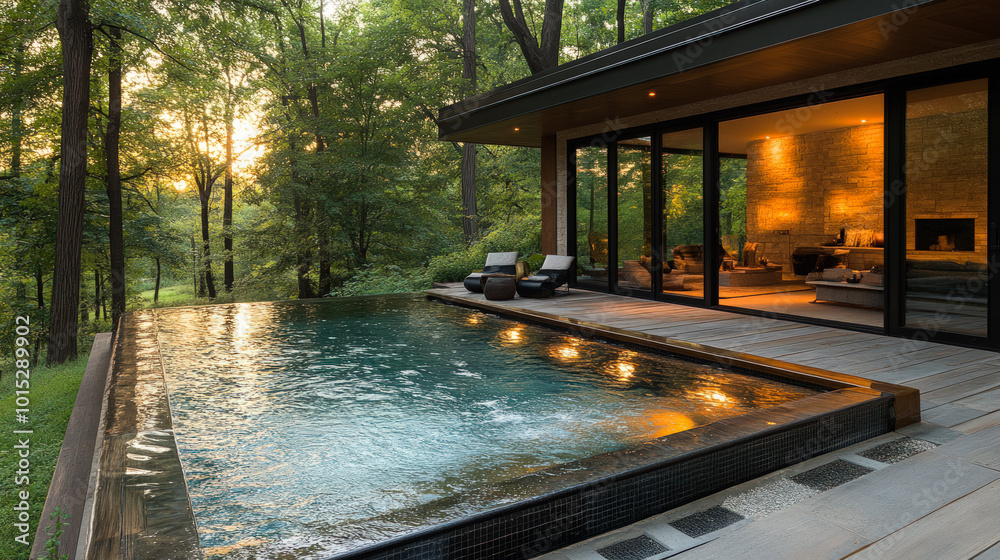 Luxury infinity pool with forest view at sunset
Luxury infinity pool with forest view at sunset