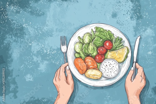 Minimalistic balanced meal illustration with fresh vegetables and fruits on plate photo