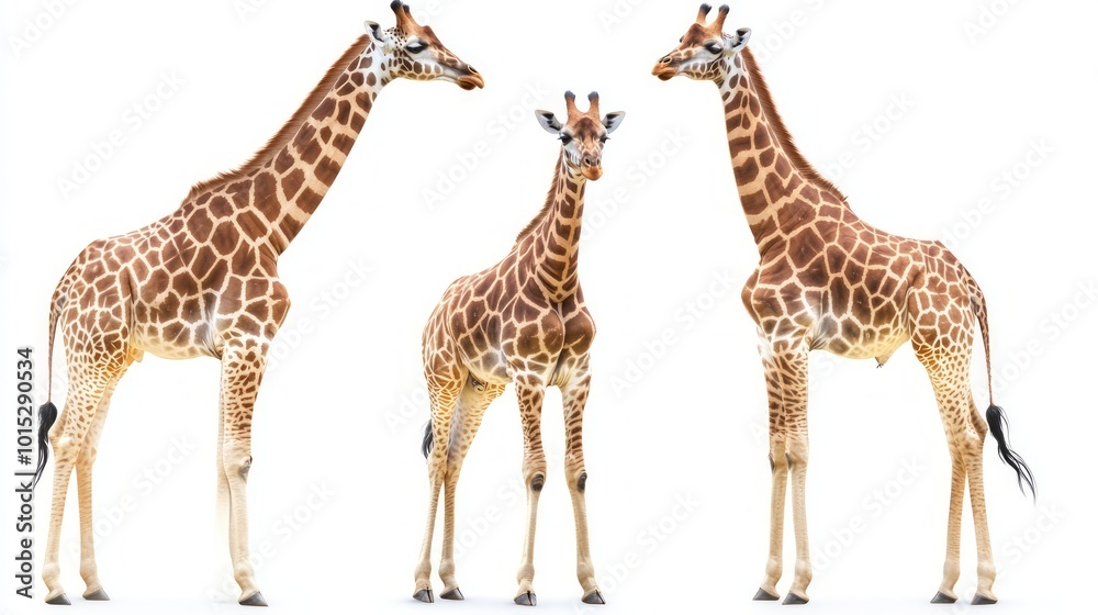 Three giraffes standing in a row, isolated on white background. Three giraffes standing in a row, isolated on white background.