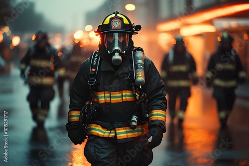 Firefighters Walking in Rainy Urban Environment