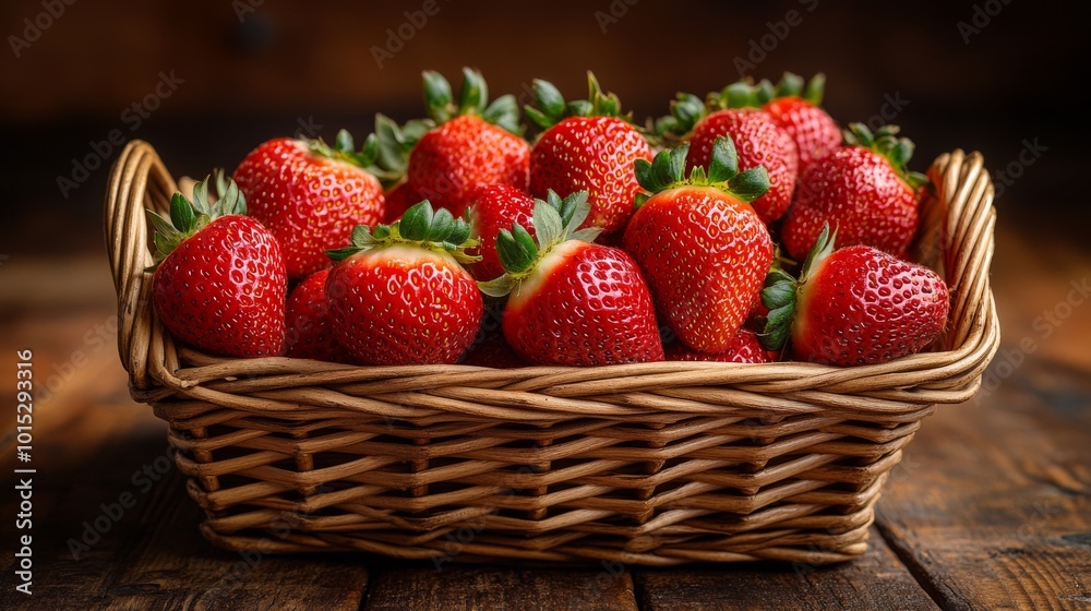 A wicker basket filled with luscious red strawberries sits on a rustic wooden table, showcasing the bounty of nature and the simplicity of fresh produce. A wicker basket filled with luscious red strawberries sits on a rustic wooden table, showcasing the bounty of nature and the simplicity of fresh produce.
